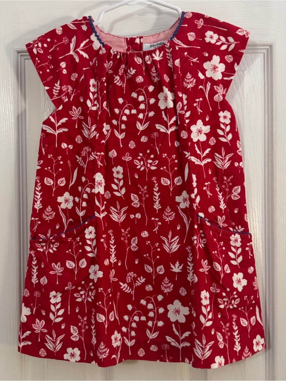 Mini Boden Baby Girl Red Corduroy Dress with White Floral Print Short Sleeve